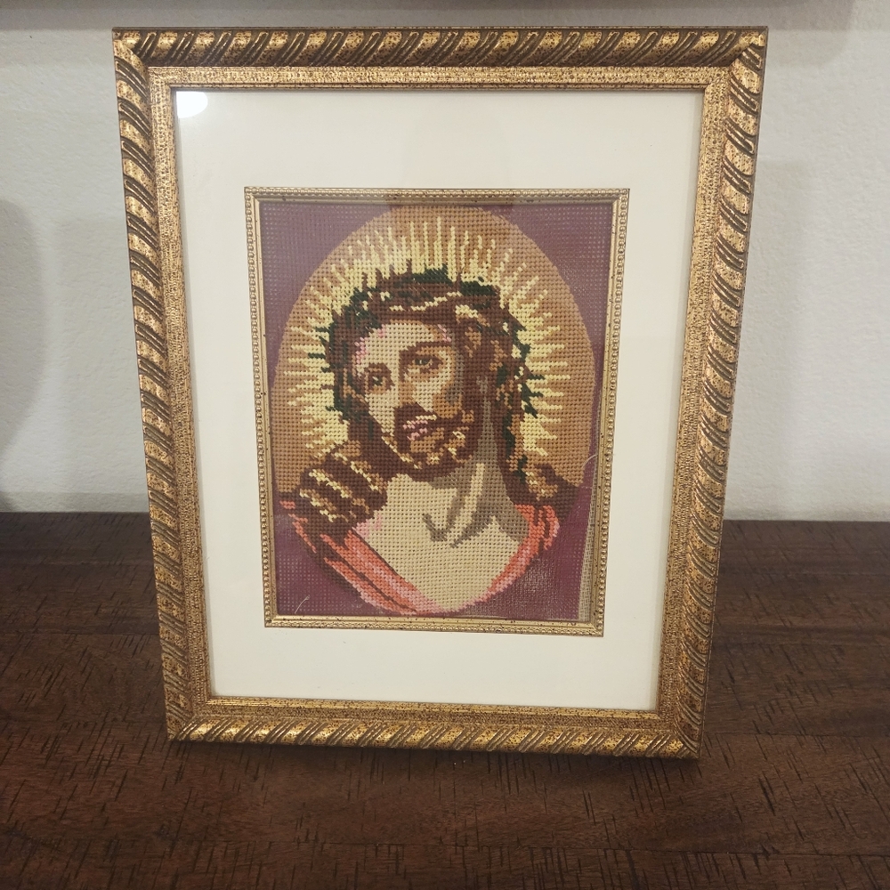 VTG Jesus with Thorns Hand Stitched Needlepoint Art Religious Wall Framed Decor